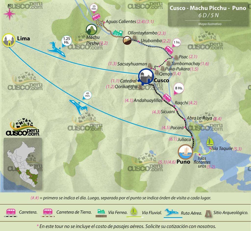 mapa tour cusco puno 6d 5n