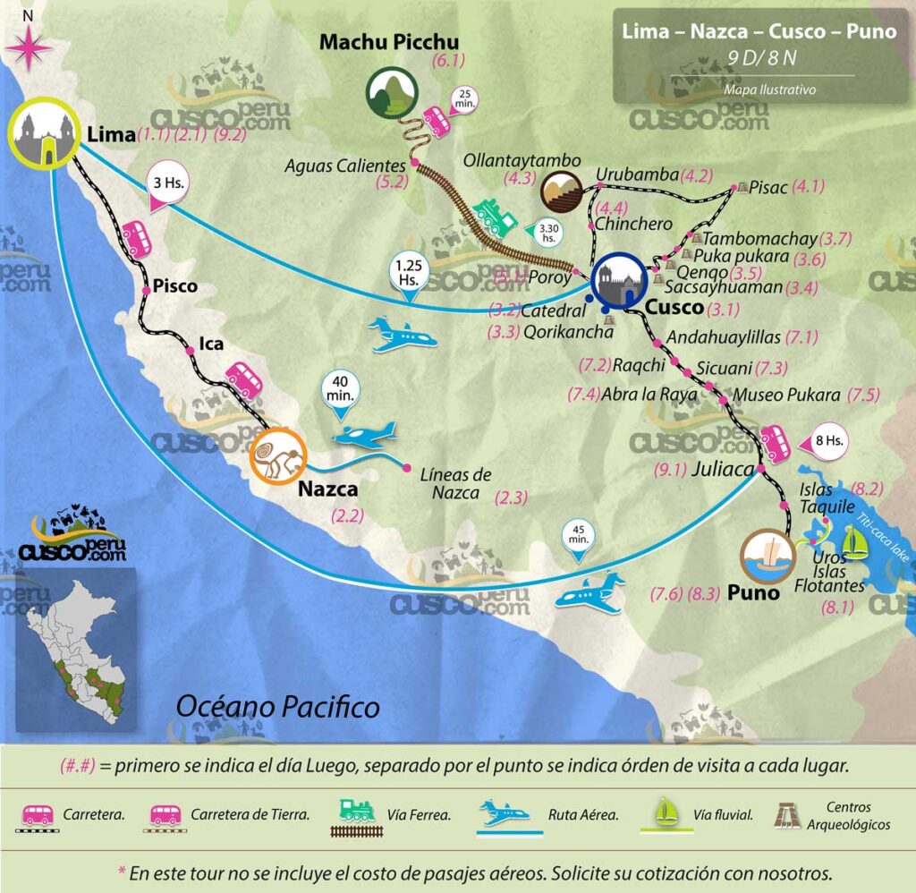 mapa tour lima nazca cusco puno