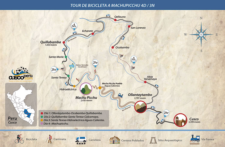 Mapa Tour En Bicicleta A Machu Picchu 4d 3n
